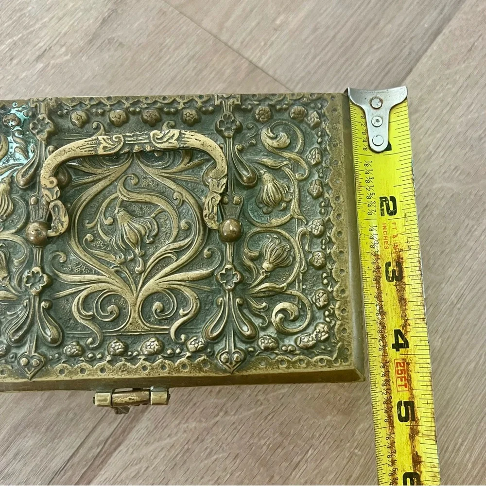 Rare Antique Belgique Art Nouveau Repousse‎ Flower Brass Jewelry Casket Box